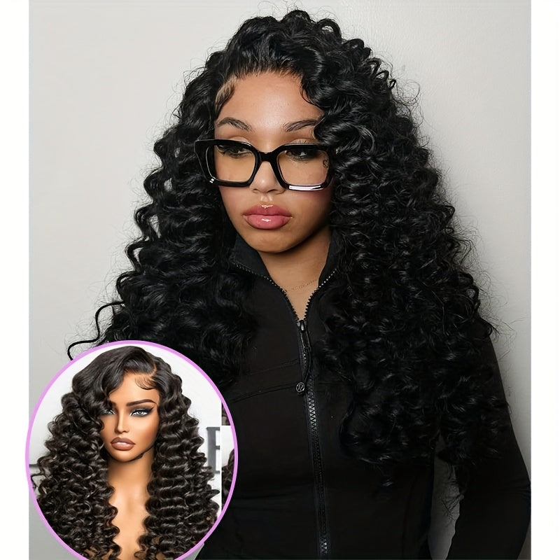 40" Glueless Deep Curly Wig for Women - 250% Density Virgin Brazilian Human Hair, Pre-Plucked with 13x4 Lace Closure, Seamless Fit, Natural Look, Loose Deep Waves, High-Quality for Everyday Style